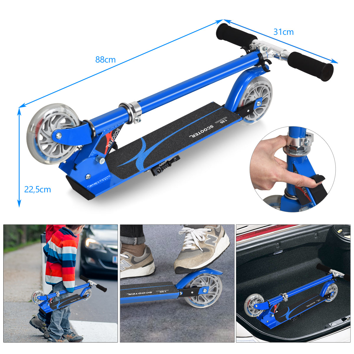 LIVSK Opvouwbare Kinderstep - Lichtgewicht Aluminium - 3 Verstelbare Hoogtes - LED Verlichte Wielen - Tot 70 kg - Blauw