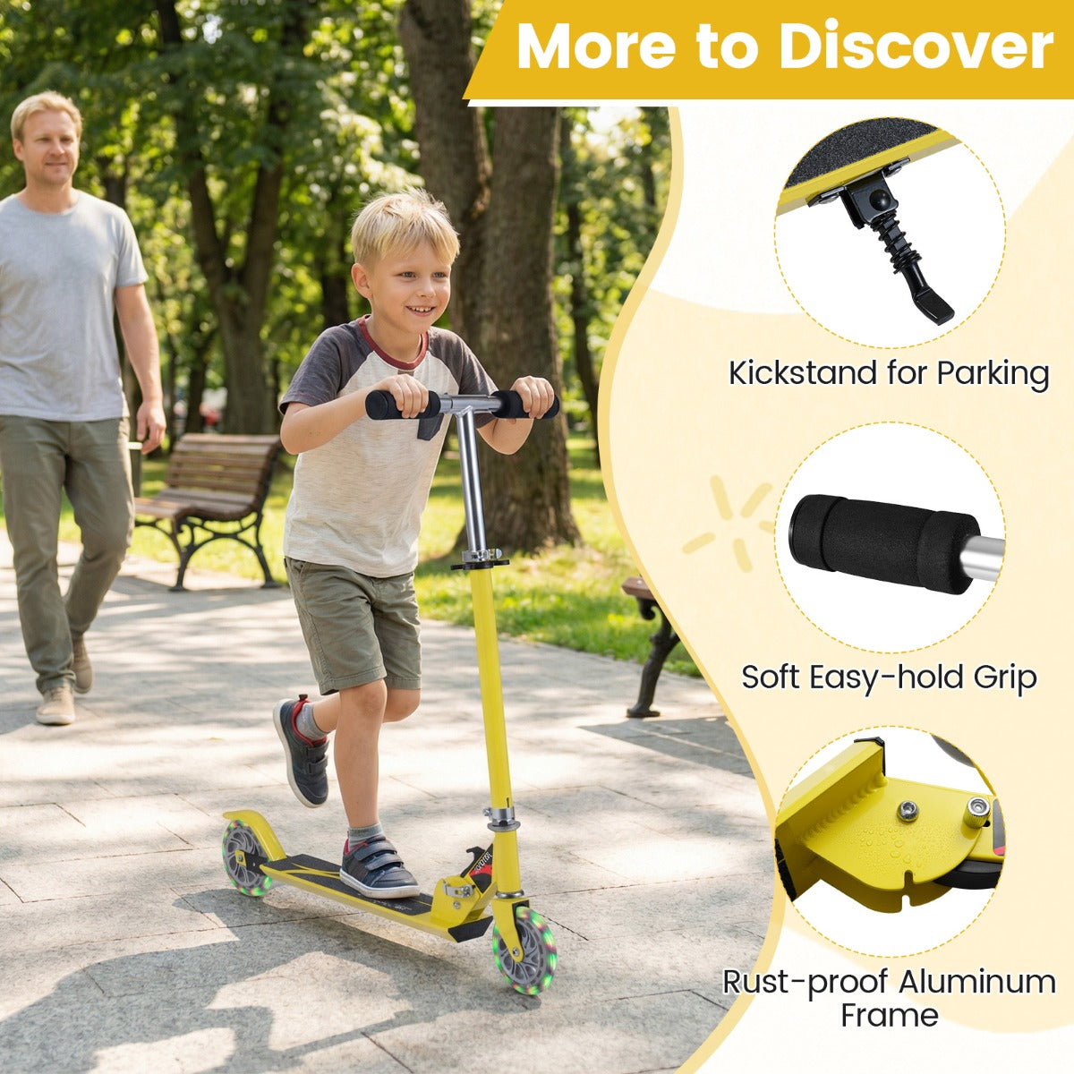 Livsk costway opvouwbare step 3 verstelbaar stuur 2 led verlichte wielen achterrem aluminium frame geel 3