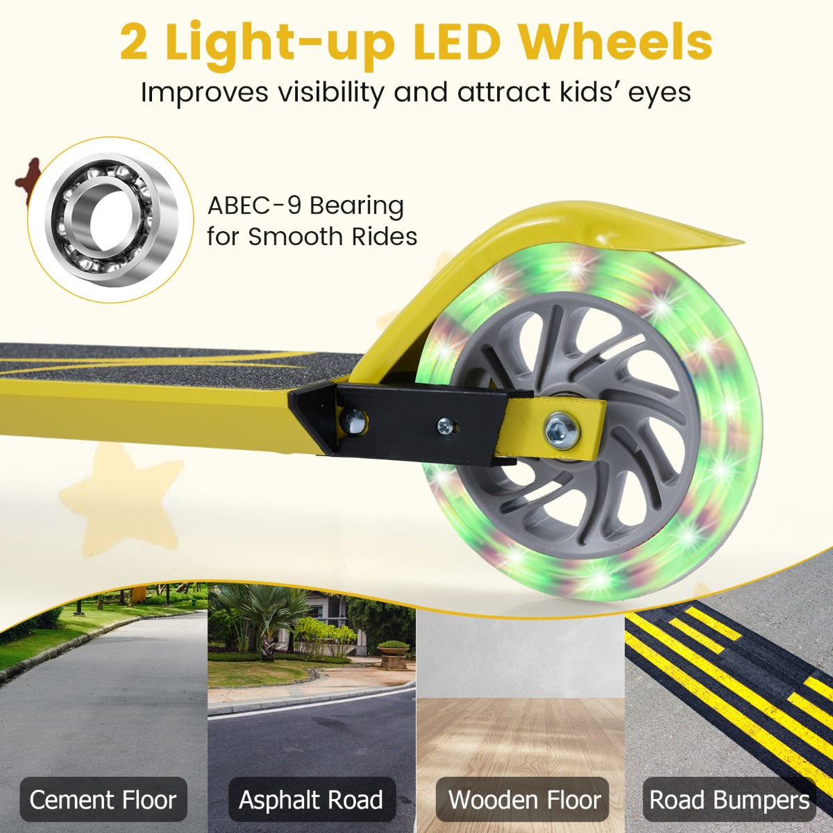 Livsk costway opvouwbare step 3 verstelbaar stuur 2 led verlichte wielen achterrem aluminium frame geel 5