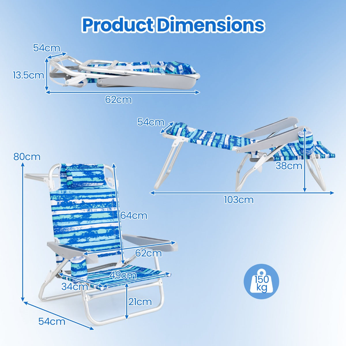 LIVSK Plat Liggende Strandstoelen - Set van 2 - 5 Verstelbare Posities - Gewatteerde Kussens - Bekerhouder - Blauw