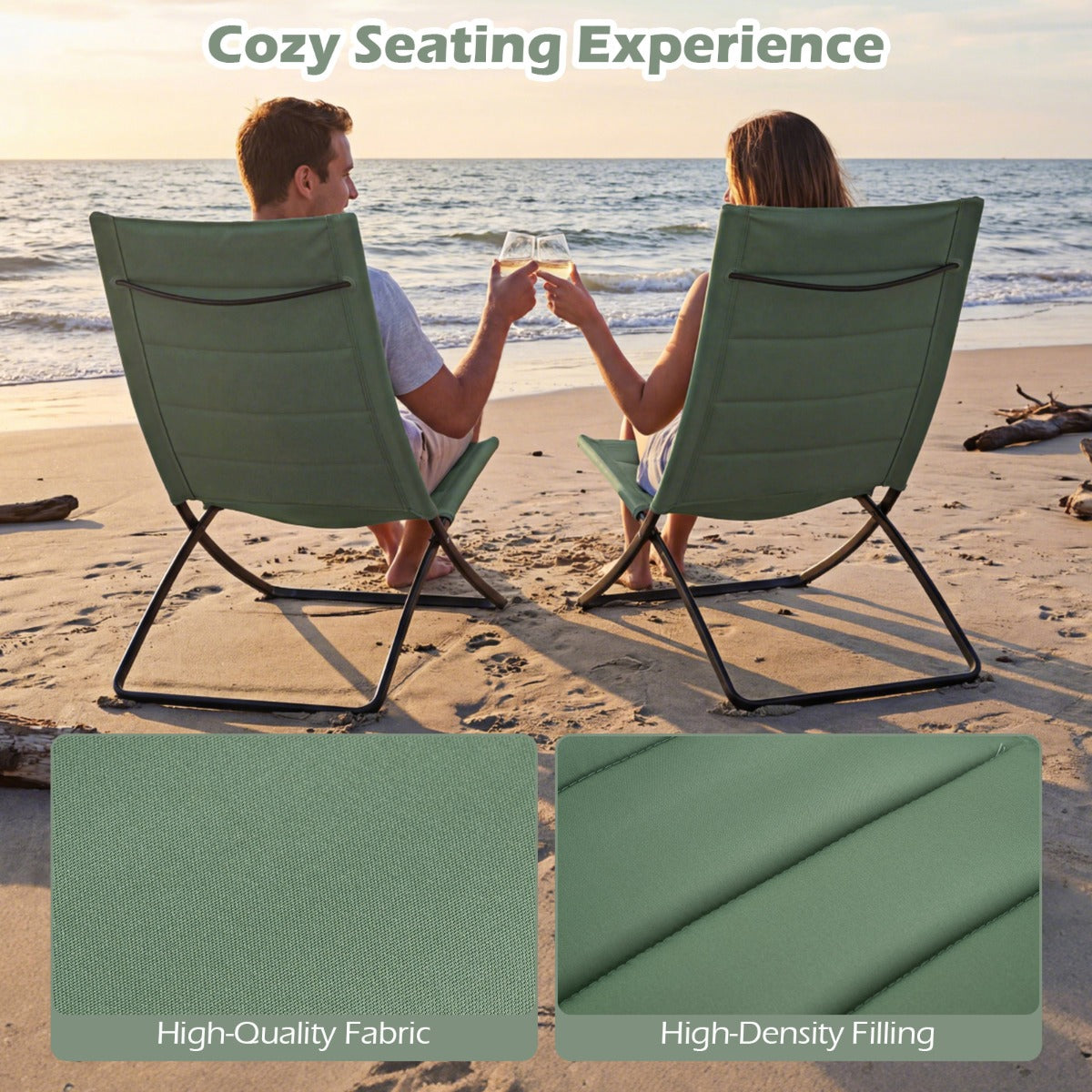 Livsk costway opvouwbare strandstoelen set van 2 opvouwbare campingstoelen met beklede rugleuningen en zittingen groen