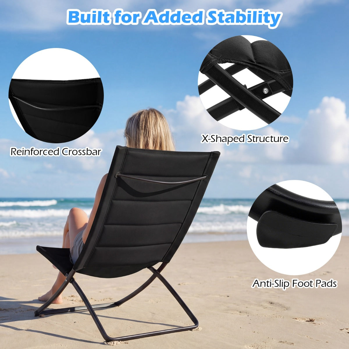 Livsk costway opvouwbare strandstoelen set van 2 opvouwbare campingstoelen met beklede rugleuningen en zittingen zwart
