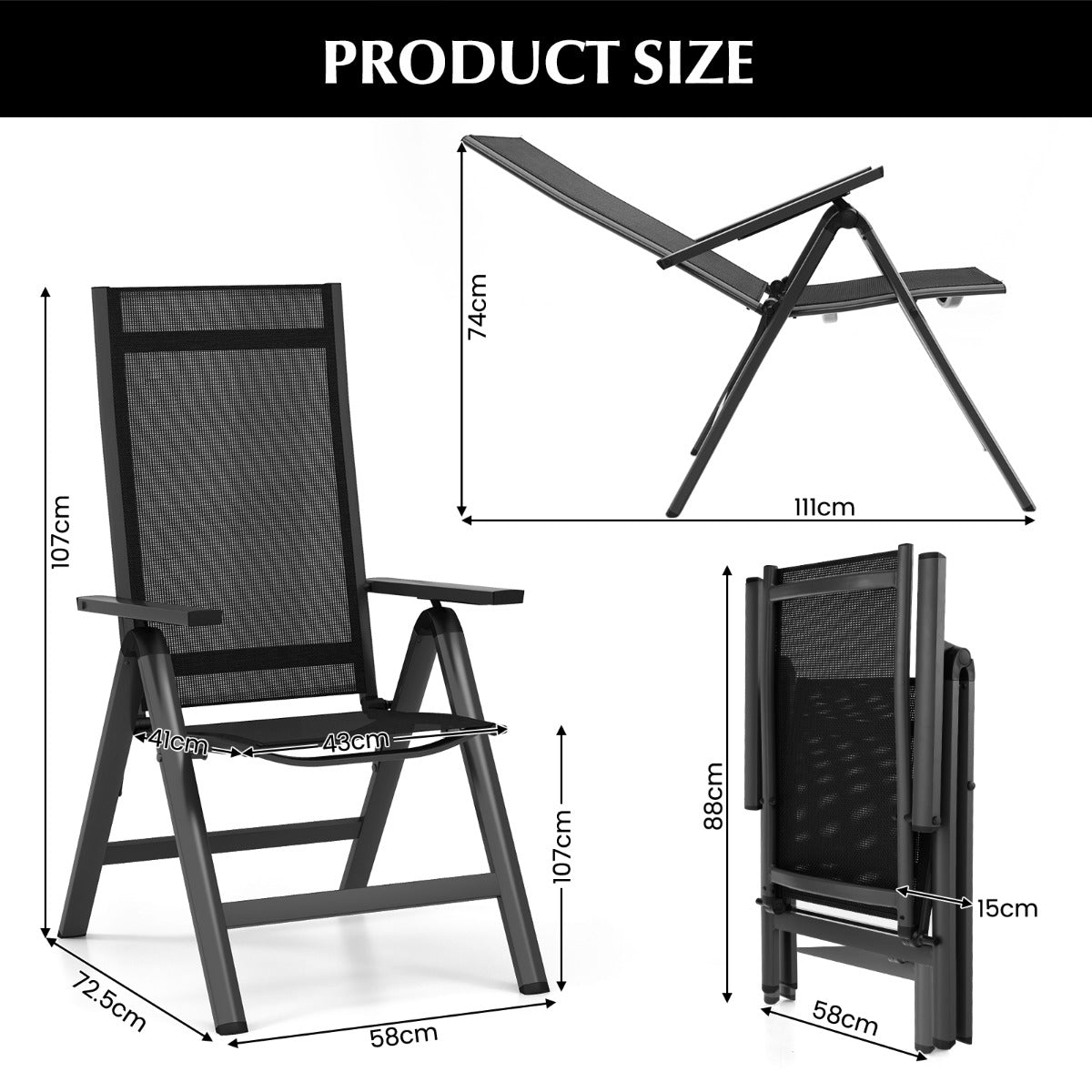 LIVSK Opvouwbare Terrasstoelenset - 7 Verstelbare Standen - Ergonomisch - Draagbaar - Tot 110 kg - Zwart