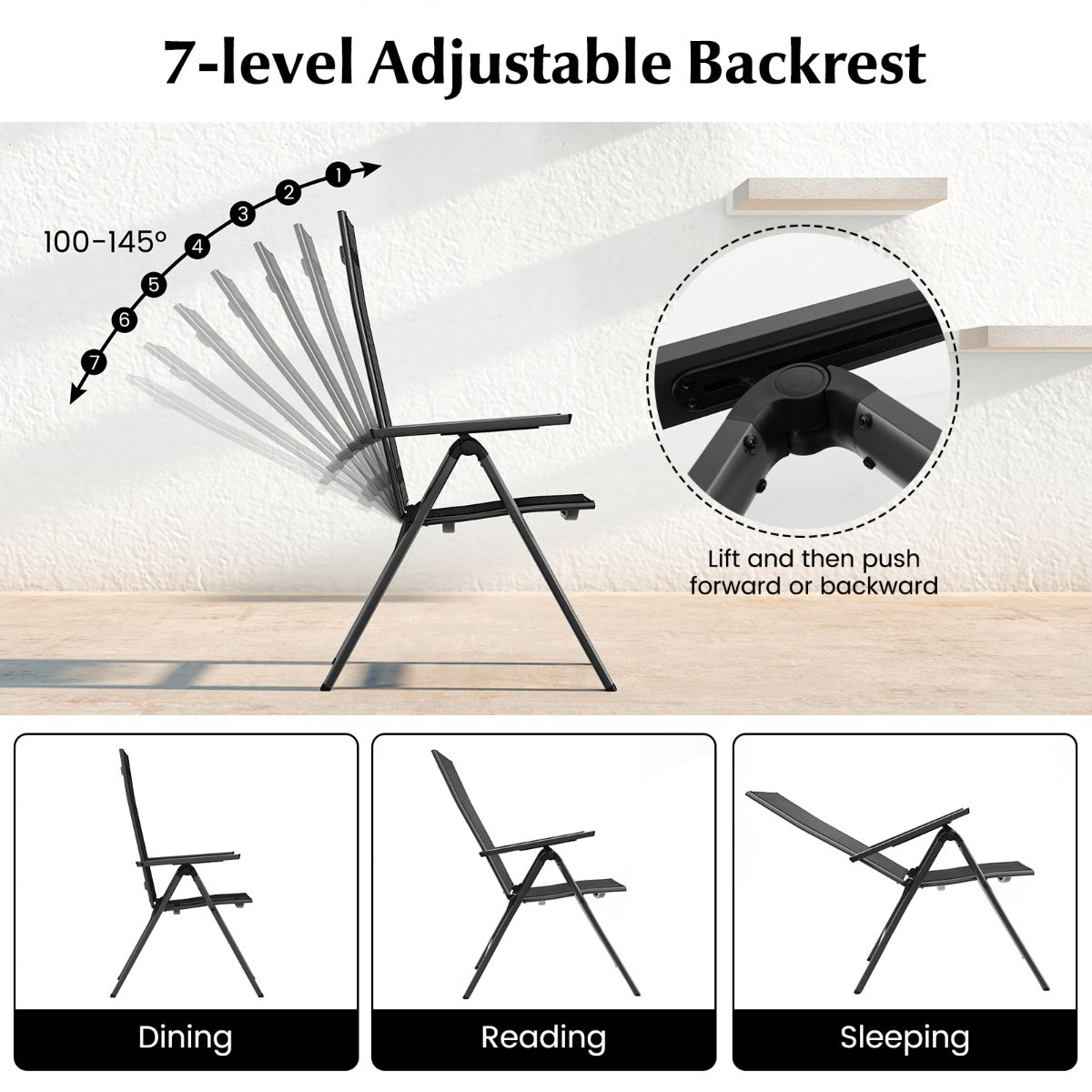LIVSK Opvouwbare Terrasstoelenset - 7 Verstelbare Standen - Ergonomisch - Draagbaar - Tot 110 kg - Zwart