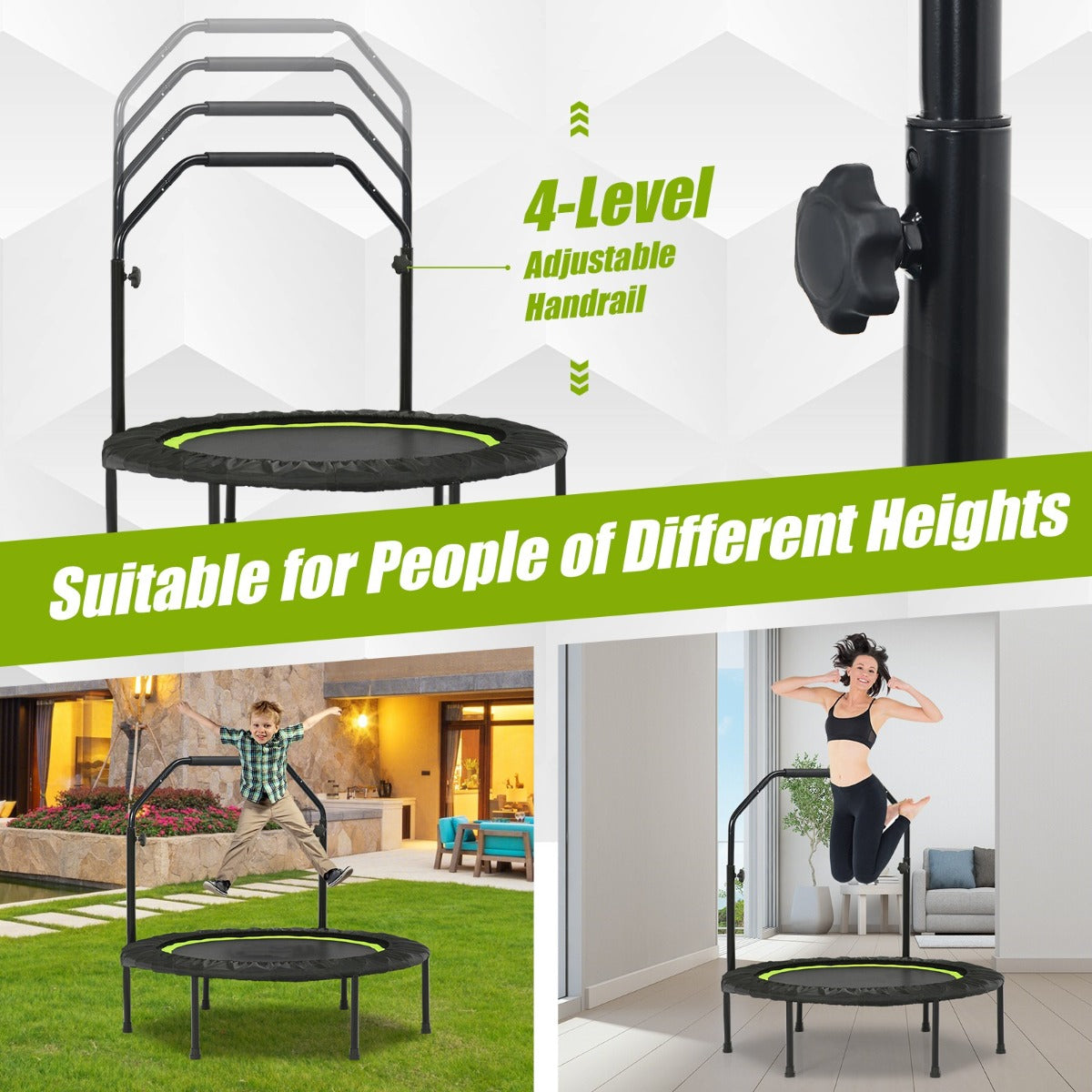 LIVSK Opvouwbare Trampoline 101 cm - 2 Weerstandsbanden - Verstelbare Handgreep - Draagvermogen 150 kg - Zwart + Groen