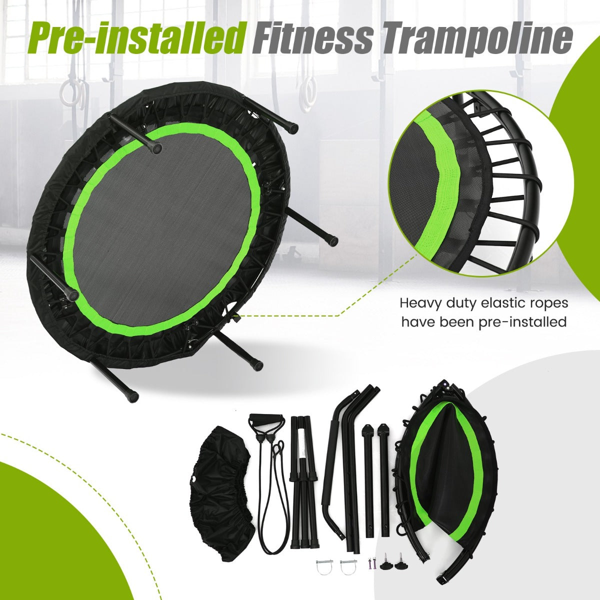 LIVSK Opvouwbare Trampoline 101 cm - 2 Weerstandsbanden - Verstelbare Handgreep - Draagvermogen 150 kg - Zwart + Groen