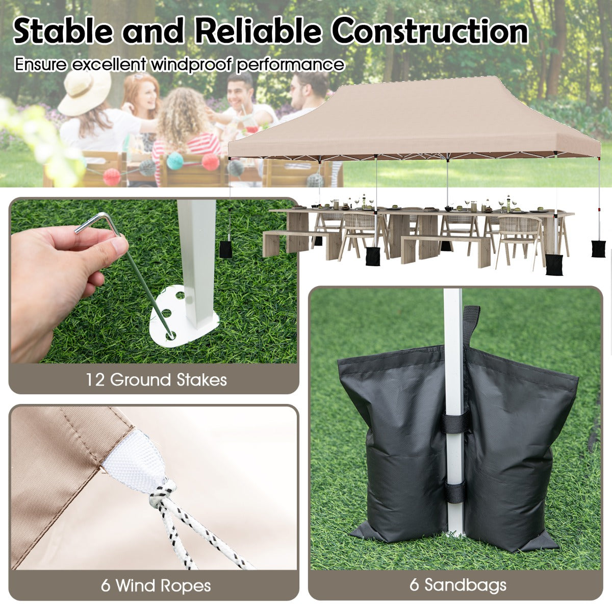 LIVSK Opvouwbare Partytent 300 x 600 cm - In hoogte verstelbaar 296-316 cm - Waterafstotend - Voor 15-20 personen - Beige