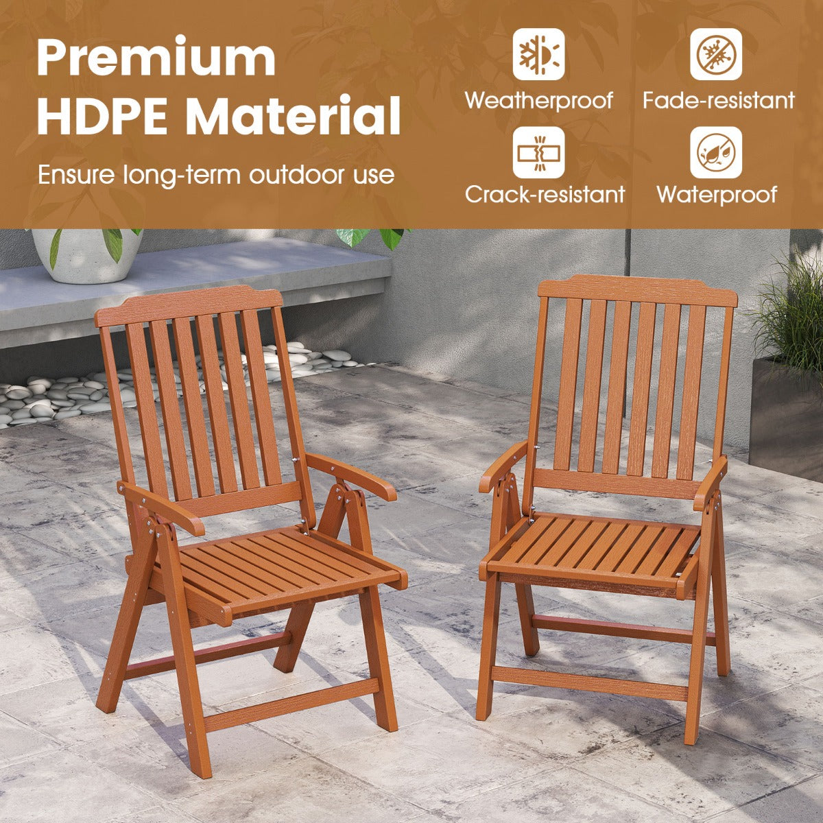 LIVSK Opvouwbare Tuinstoel - Weerbestendig HDPE - Ergonomische Rugleuning - Brede Armleuningen - Tot 150 kg - Bruin