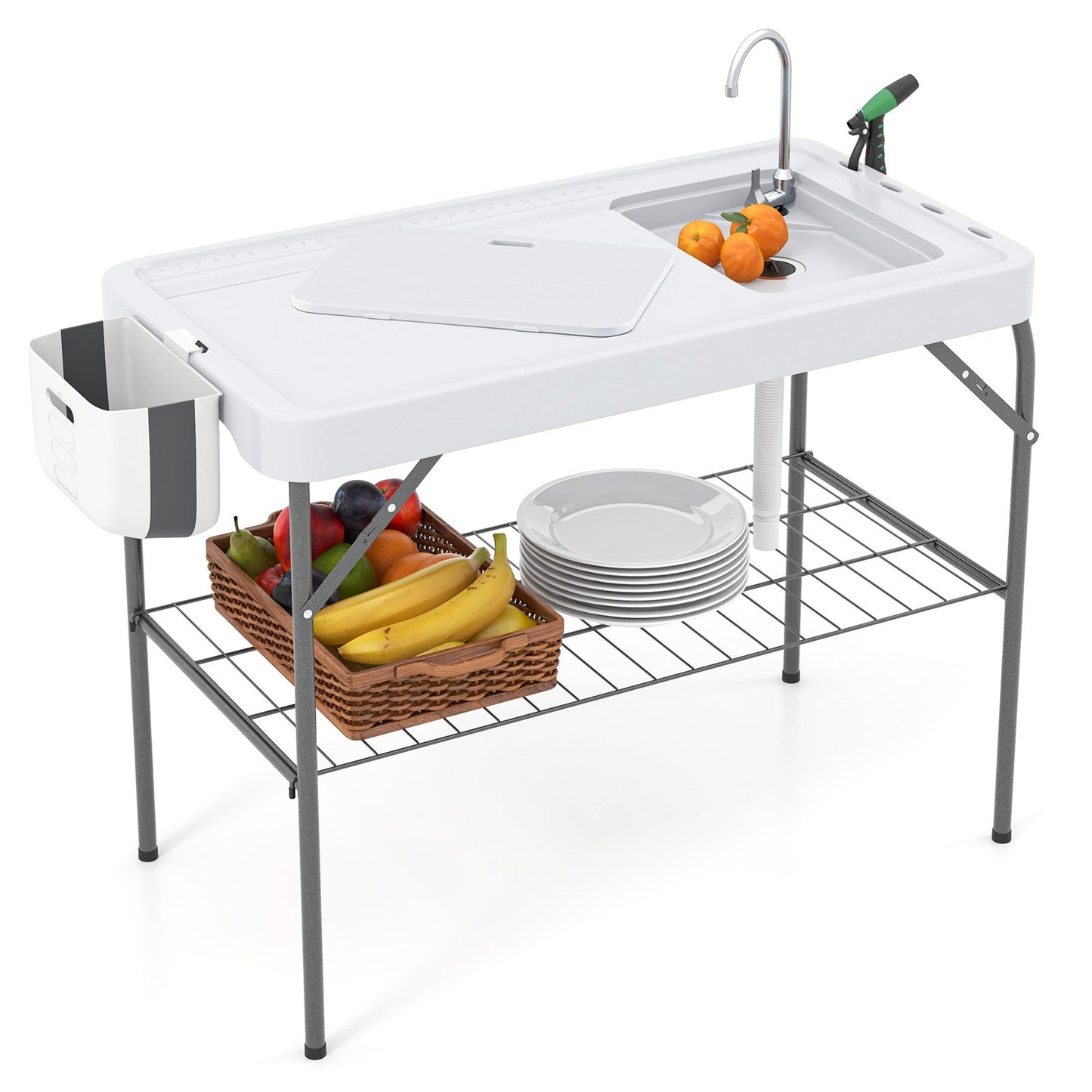 LIVSK multifunctionele buitentafel - 2-in-1 Werkstation met Gootsteen en Vuilniszakhouder - Opvouwbaar - Tot 150 kg - Wit + Zwart