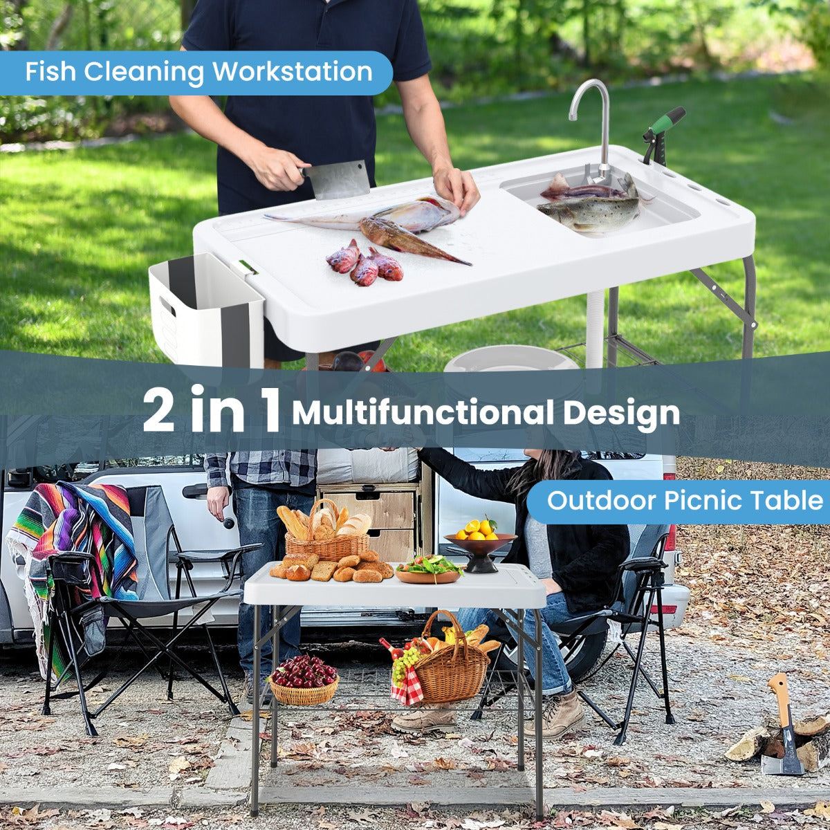 LIVSK multifunctionele buitentafel - 2-in-1 Werkstation met Gootsteen en Vuilniszakhouder - Opvouwbaar - Tot 150 kg - Wit + Zwart