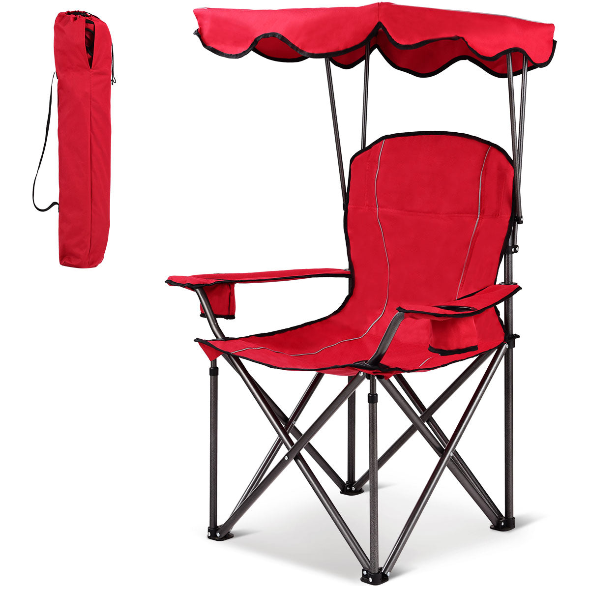 LIVSK Opvouwbare Campingstoel met Zon-blok Luifel - Gewatteerde Armleuningen - Stevig Stalen Frame - Tot 120 kg - Rood