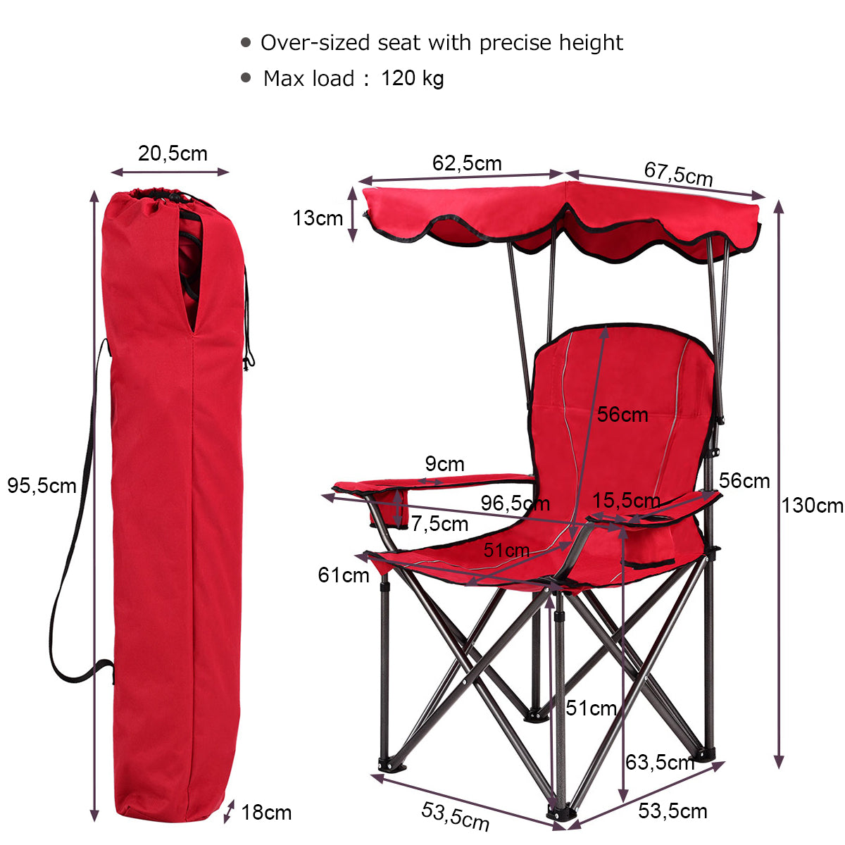 LIVSK Opvouwbare Campingstoel met Zon-blok Luifel - Gewatteerde Armleuningen - Stevig Stalen Frame - Tot 120 kg - Rood