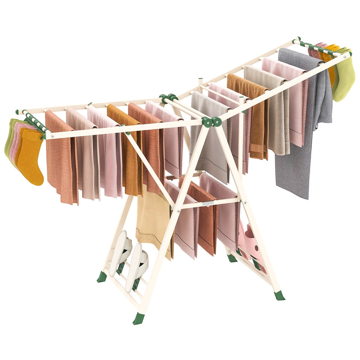 LIVSK Uitschuifbare Wasdroger - 18 Droogstangen - Verstelbare Vleugels 99-158 cm - 4 Schoenenrekken - Beige