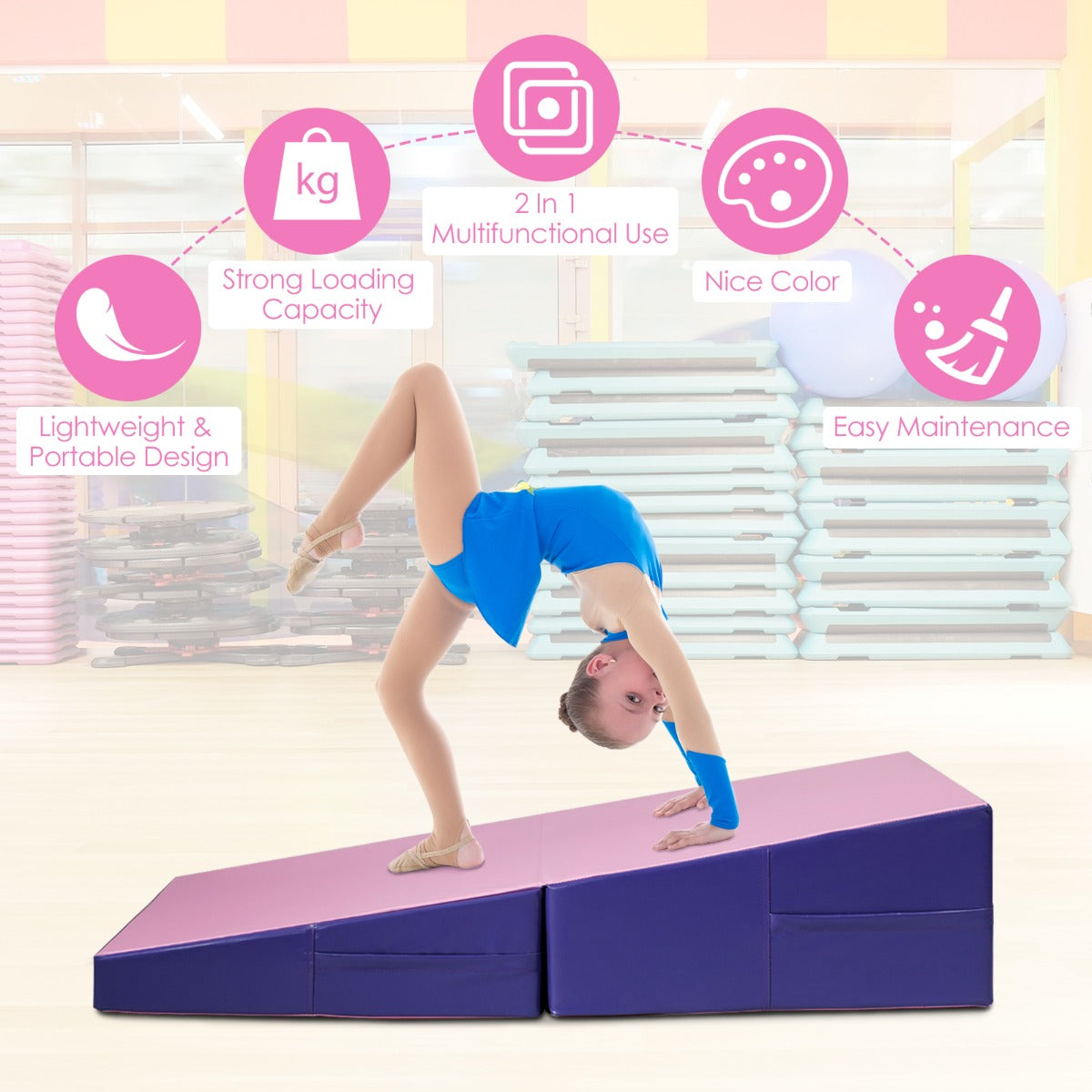 LIVSK Hellende Gymnastiekmat - Ergonomisch Wigvormig - Scheurbestendig PVC - Draaghendels - Voor Kinderen en Volwassenen - Roze