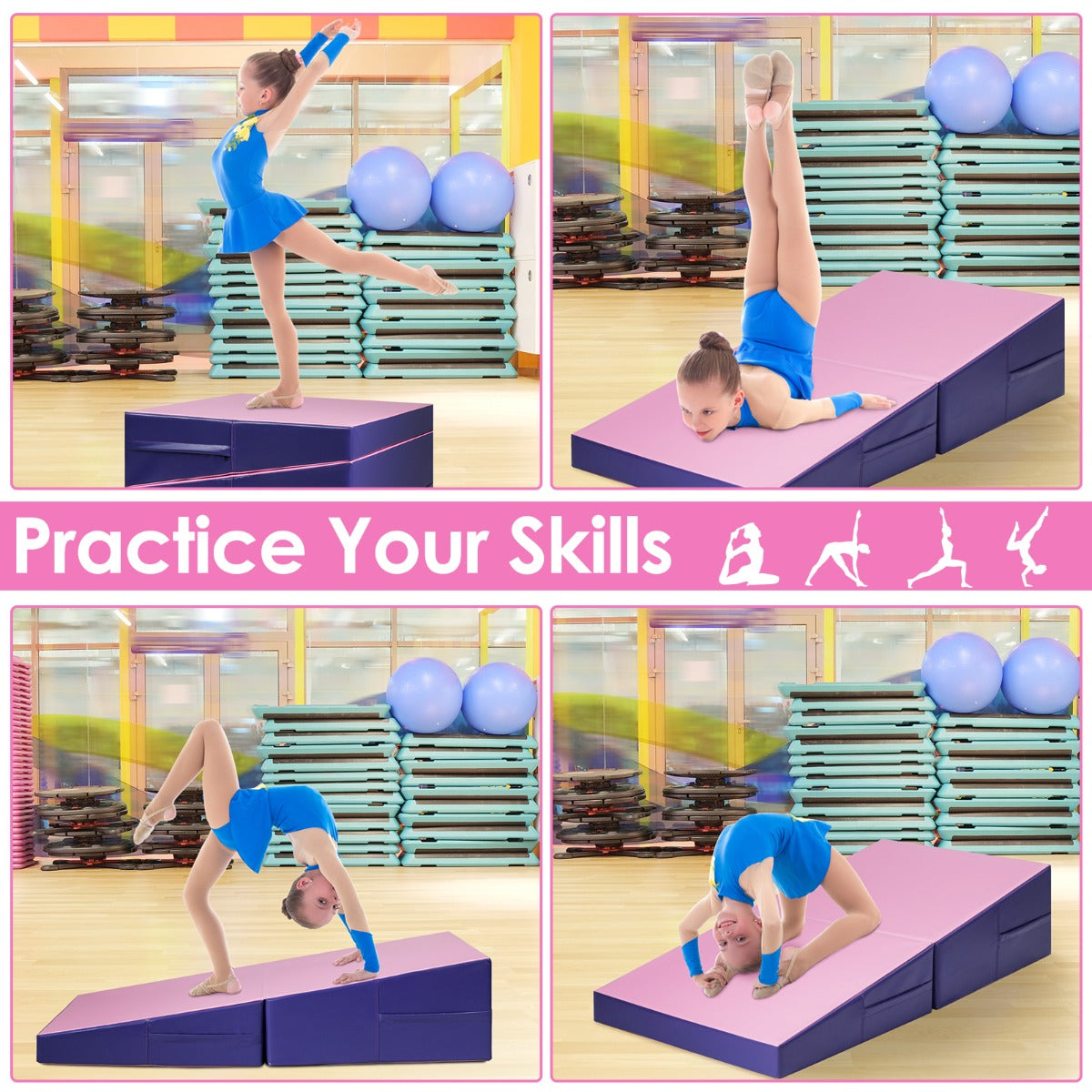 LIVSK Hellende Gymnastiekmat - Ergonomisch Wigvormig - Scheurbestendig PVC - Draaghendels - Voor Kinderen en Volwassenen - Roze
