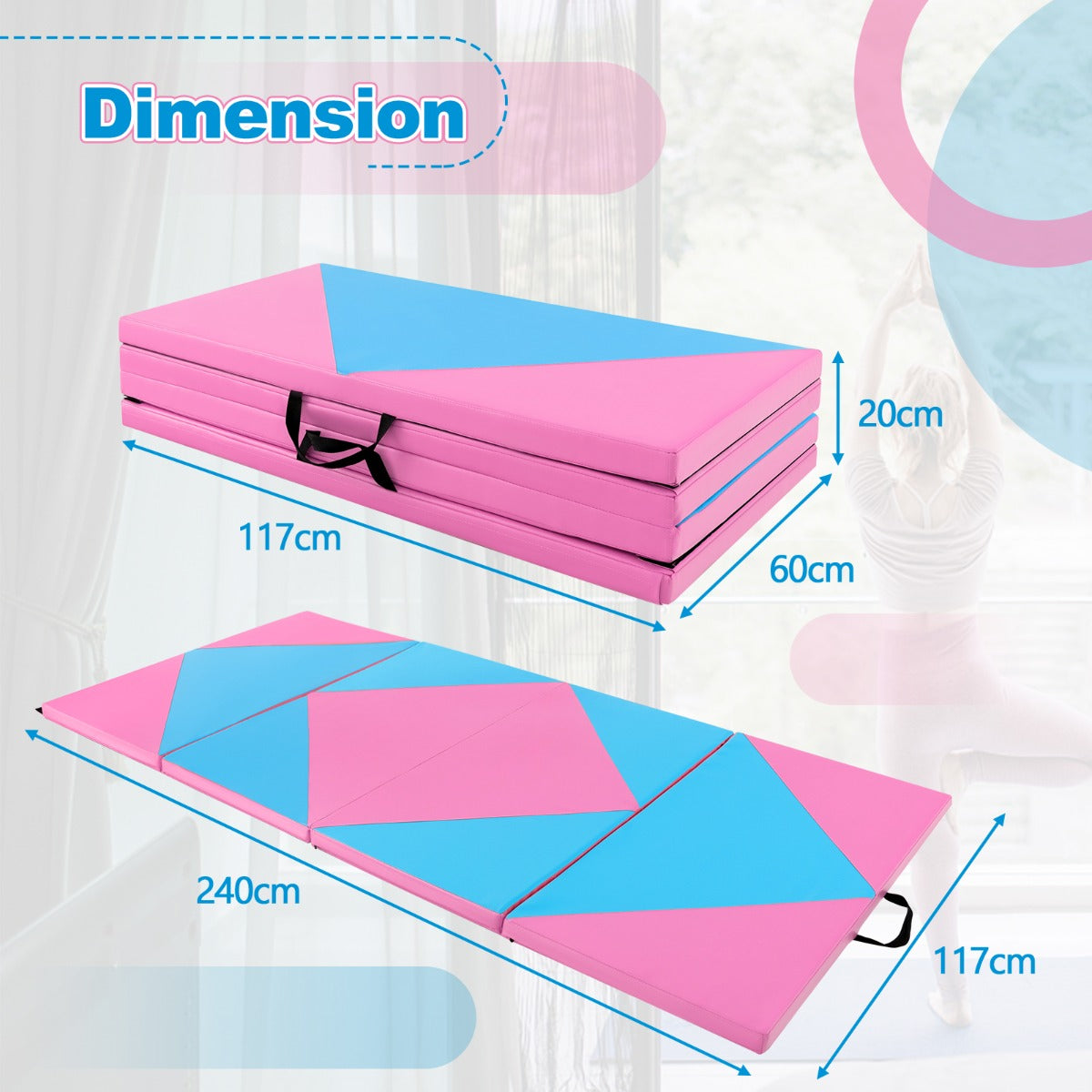 LIVSK Opvouwbare Yogamat - Draagbaar en Waterdicht - Klittebandsluitingen - 240 x 117 x 5 cm - Roze + Blauw