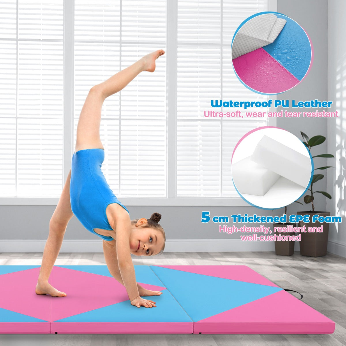 LIVSK Opvouwbare Yogamat - Draagbaar en Waterdicht - Klittebandsluitingen - 240 x 117 x 5 cm - Roze + Blauw