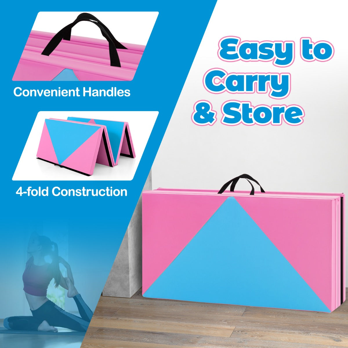 LIVSK Opvouwbare Yogamat - Draagbaar en Waterdicht - Klittebandsluitingen - 240 x 117 x 5 cm - Roze + Blauw