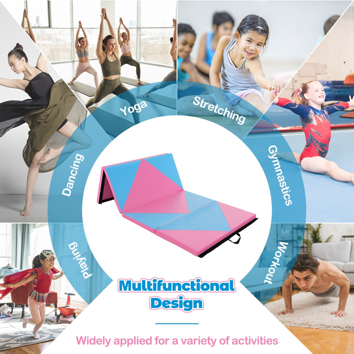 LIVSK Opvouwbare Yogamat - Draagbaar en Waterdicht - Klittebandsluitingen - 240 x 117 x 5 cm - Roze + Blauw