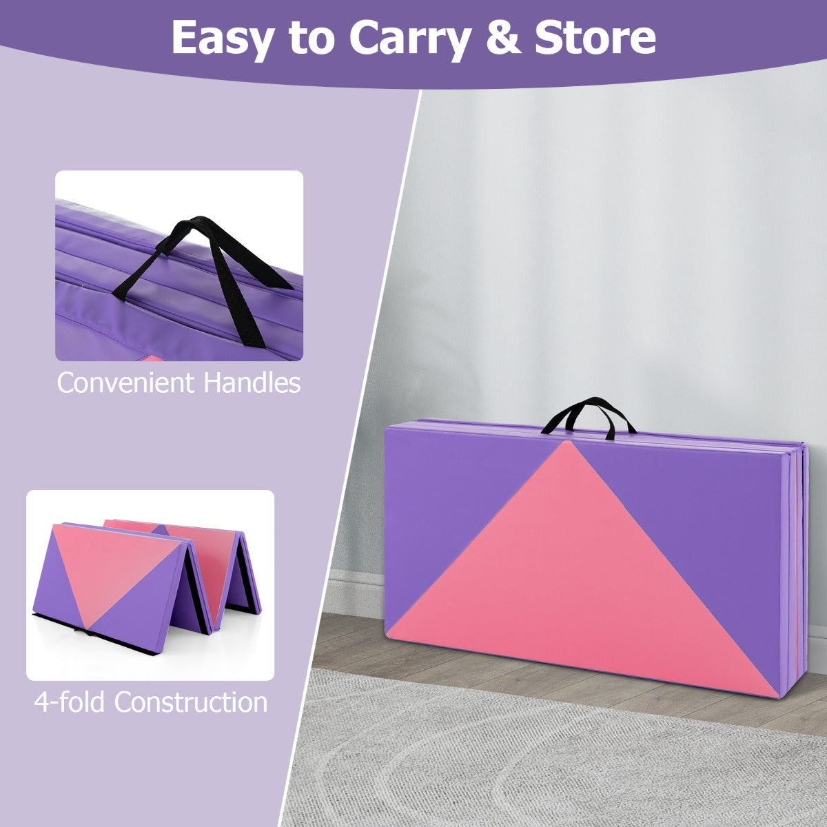 LIVSK Opvouwbare Yogamat - Dik EPE-schuim - PU-lederen Hoes - Draagbaar - Waterbestendig - 240 x 117 x 5 cm - Roze + Paars
