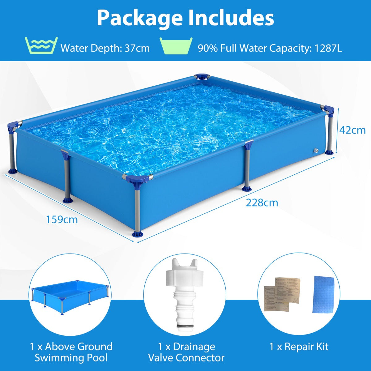 LIVSK Opzetzwembad voor Kinderen - Opblaasbaar - Driedelig PVC - Metalen Frame - 228 x 159 x 42 cm - Blauw