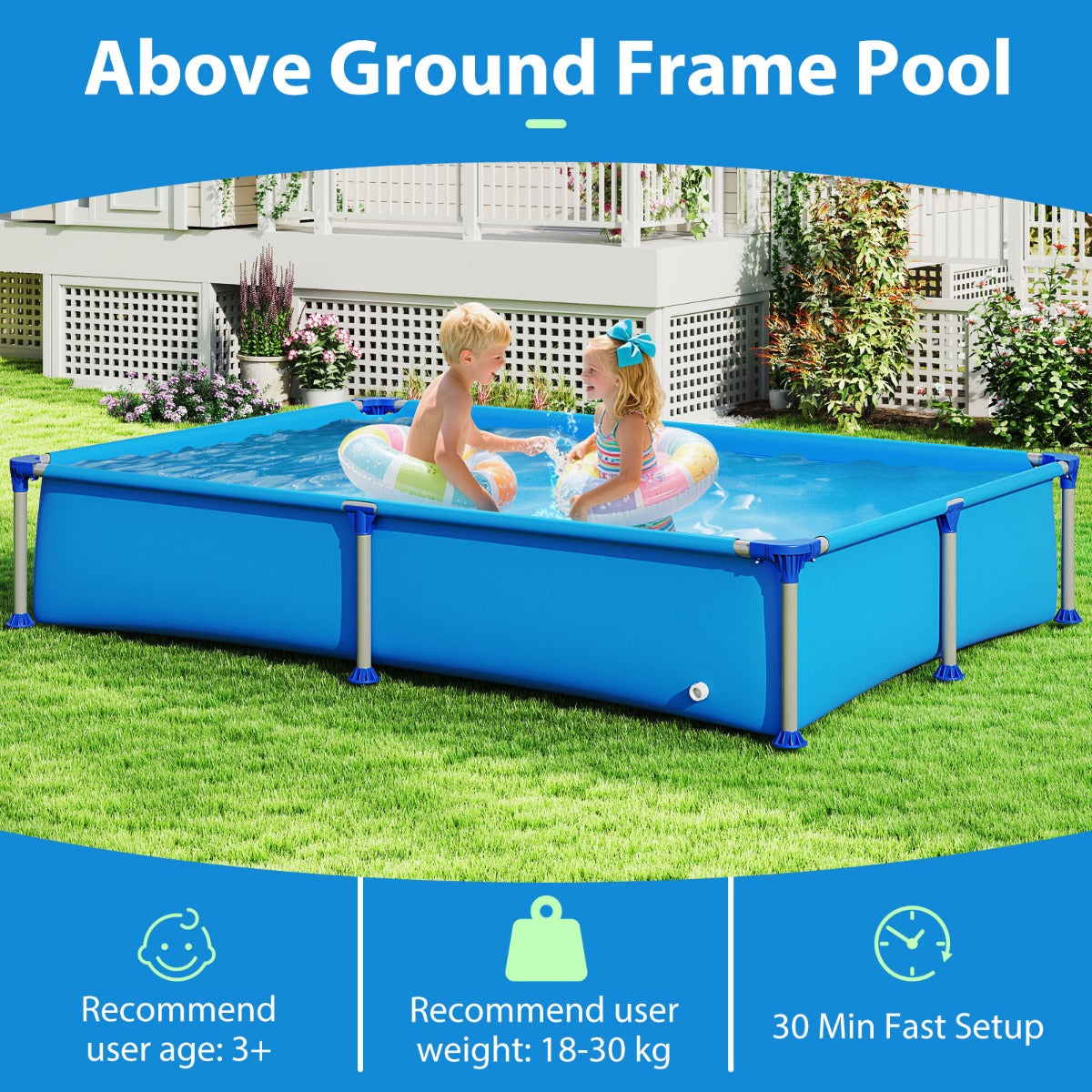 LIVSK Opzetzwembad voor Kinderen - Opblaasbaar - Driedelig PVC - Metalen Frame - 228 x 159 x 42 cm - Blauw