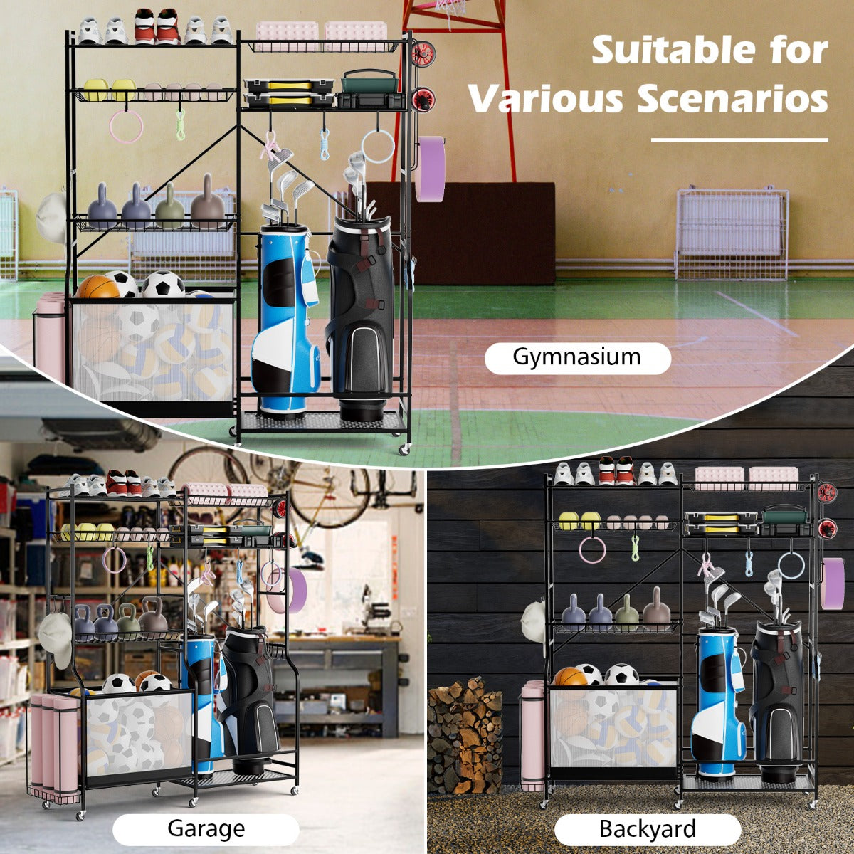 LIVSK Sportuitrusting Organiser - Verstelbare Golftashouder - 5 Planken - 13 Haken - Stevig Metaal - Zwart