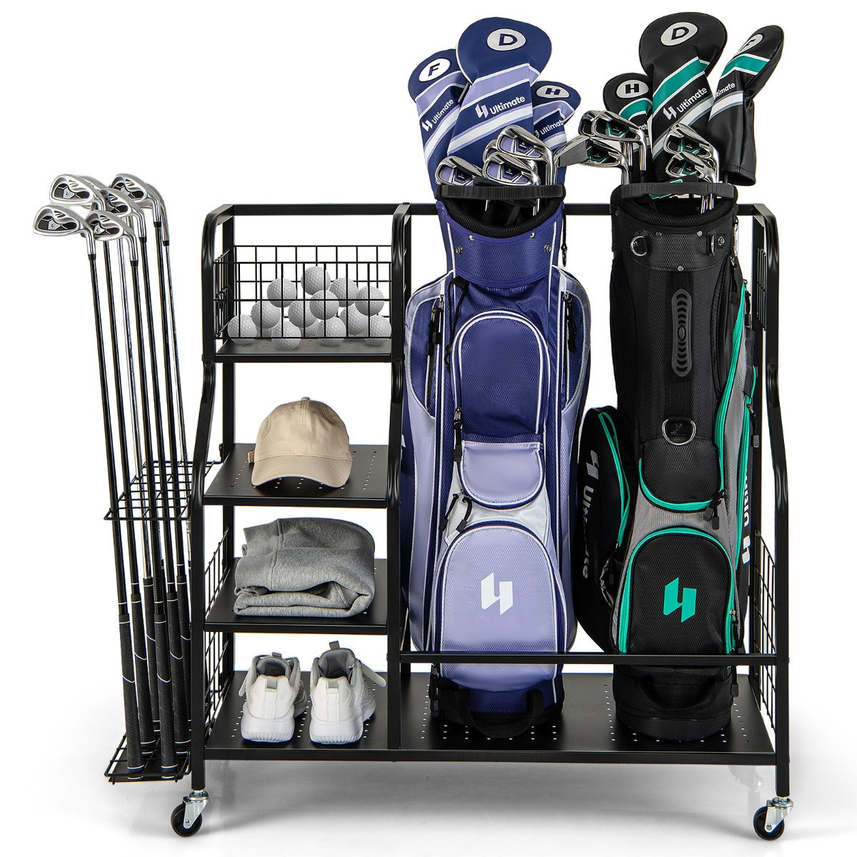 LIVSK Golfuitrusting Organizer - Voor 2 Golftassen - Ruimtebesparend met 3 Planken en 6 Haken - Stevige Metalen Constructie -