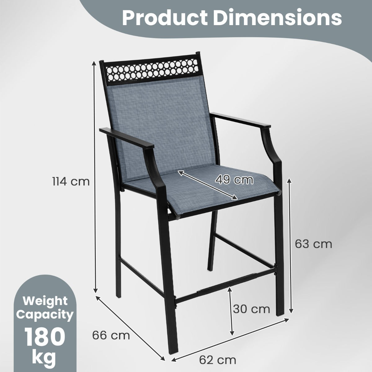 LIVSK Robuuste Barkrukken met Armleuningen - Metalen Frame - Comfortabele Zitting - Zithoogte 63 cm - Set van 2 - Blauw