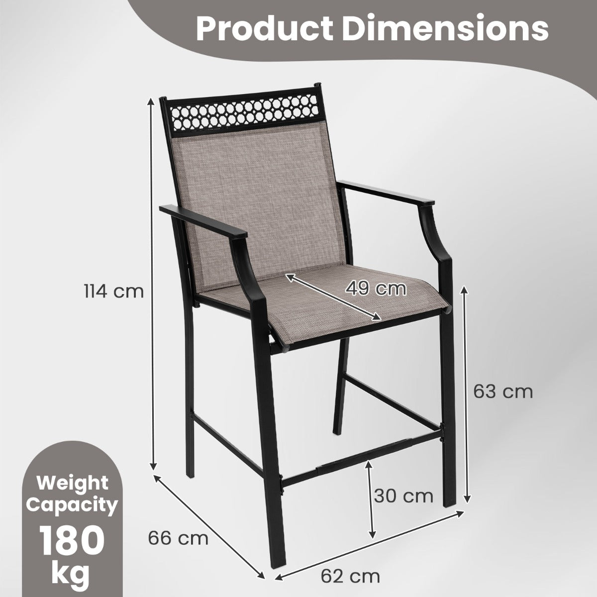 LIVSK Stevige Barkrukken met Armleuningen - Metalen Frame - Ademend en Sneldrogend - Zithoogte 63 cm - Koffie