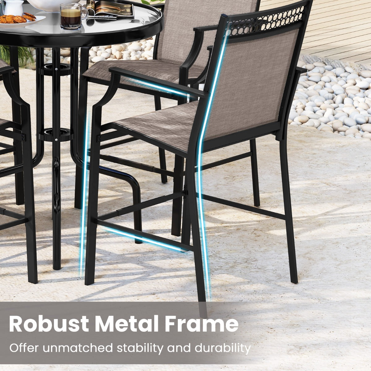 LIVSK Stevige Barkrukken met Armleuningen - Metalen Frame - Ademend en Sneldrogend - Zithoogte 63 cm - Koffie