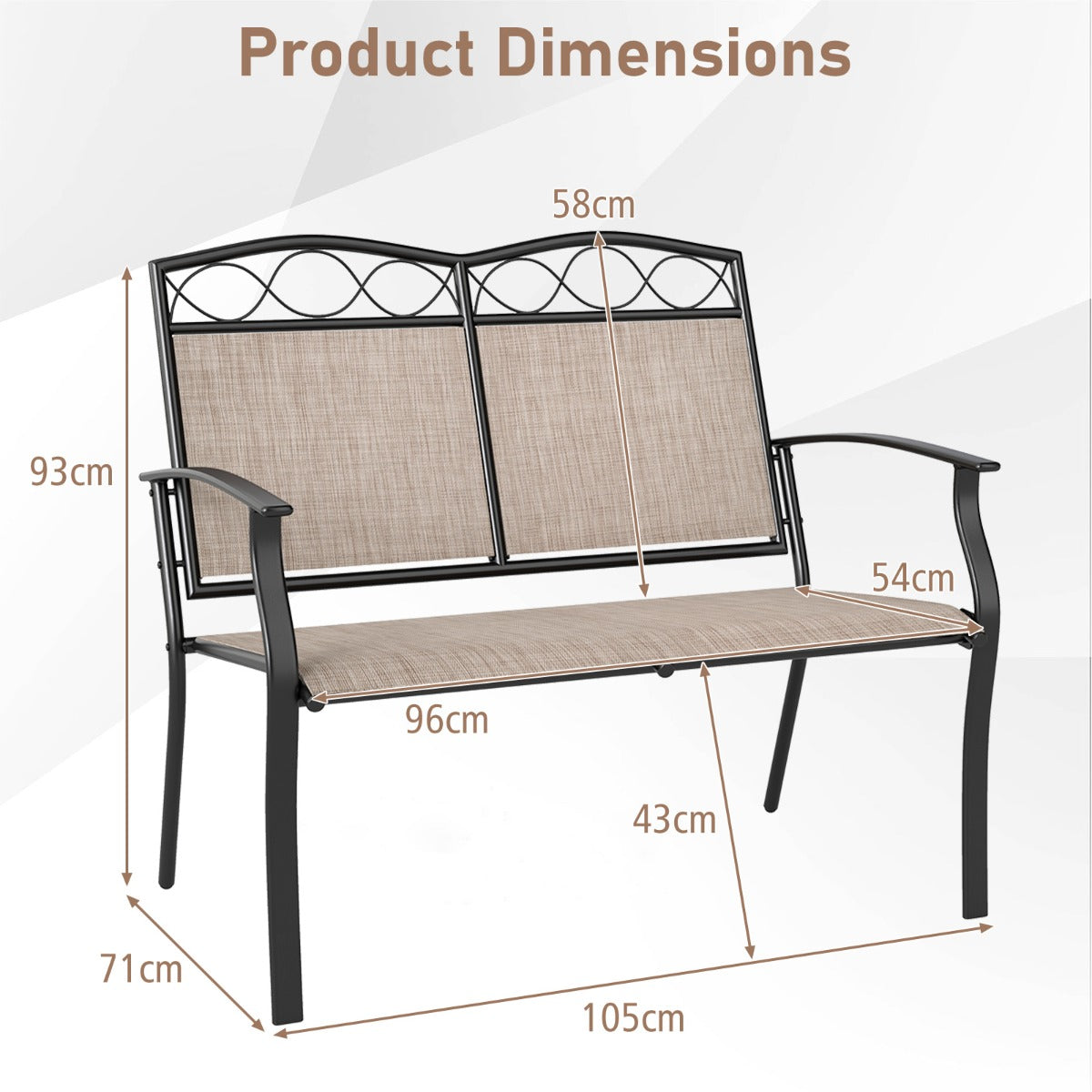 Livsk costway outdoorbank voor 2 personen heavy duty metalen dubbele zitting met ademende stof tuinmeubelen met gestoffeerde armleuningen 1 1