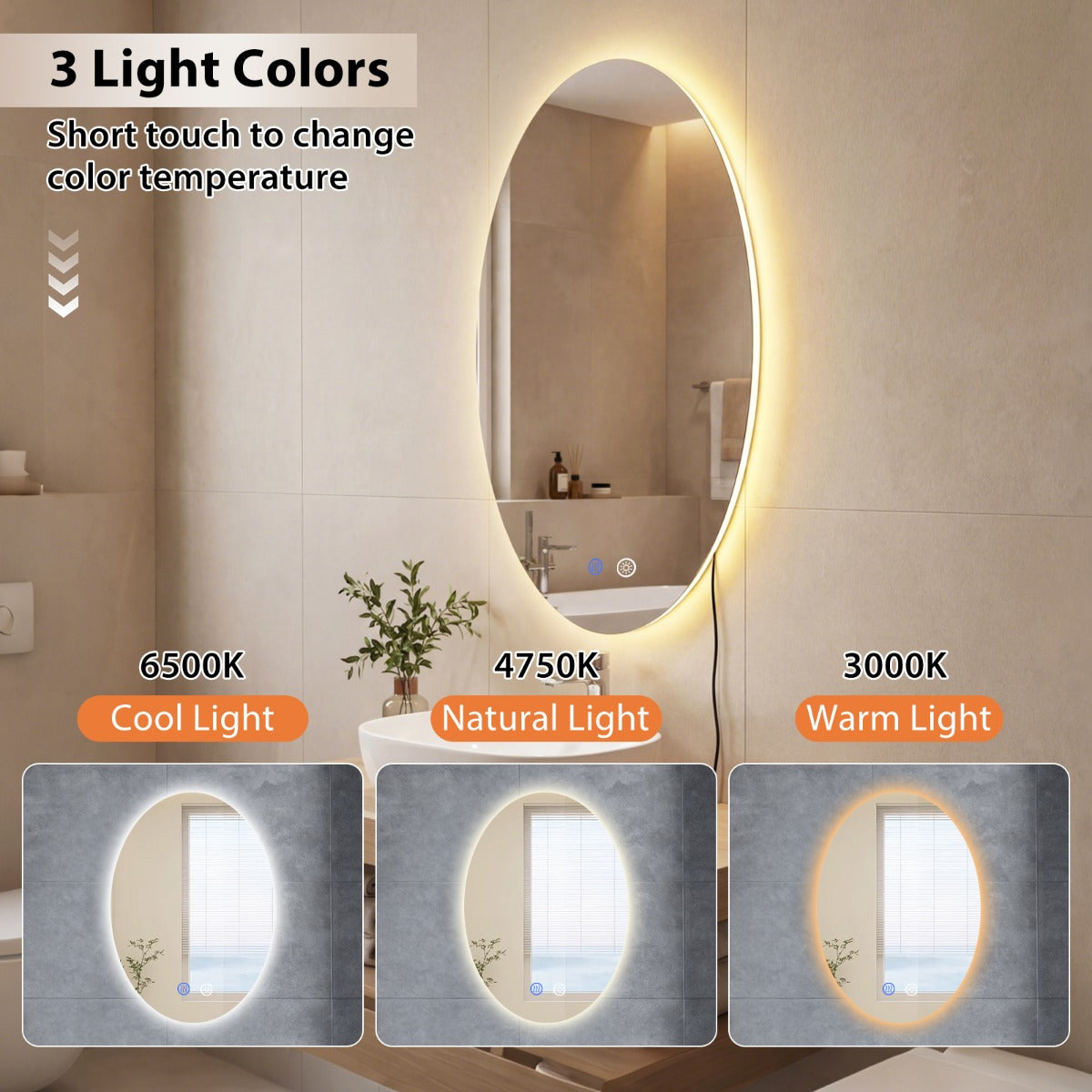 Livsk costway ovale badkamerspiegel 70 x 50 cm 3 dimbare lichtkleuren geheugenfunctie make upspiegel met breukvast glas 4