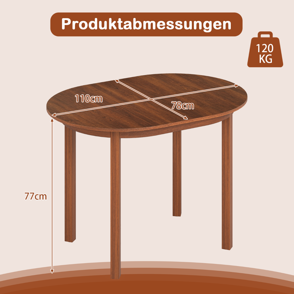 LIVSK Ovale Houten Eettafel - Voor 2-4 Personen - Krasbestendig - Rubberhout - 110 x 78 x 77 cm - Walnoot