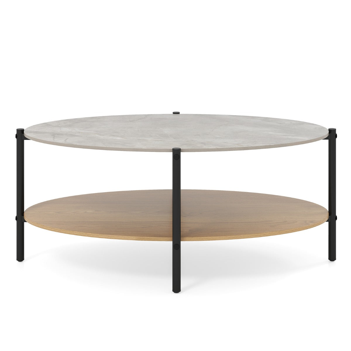 LIVSK Elegante Ovale Bijzettafel - Natuurstenen Blad - Metalen Frame - Twee Niveaus - 105 x 65 x 43 cm - Natuurlijk/Zwart/Grijs