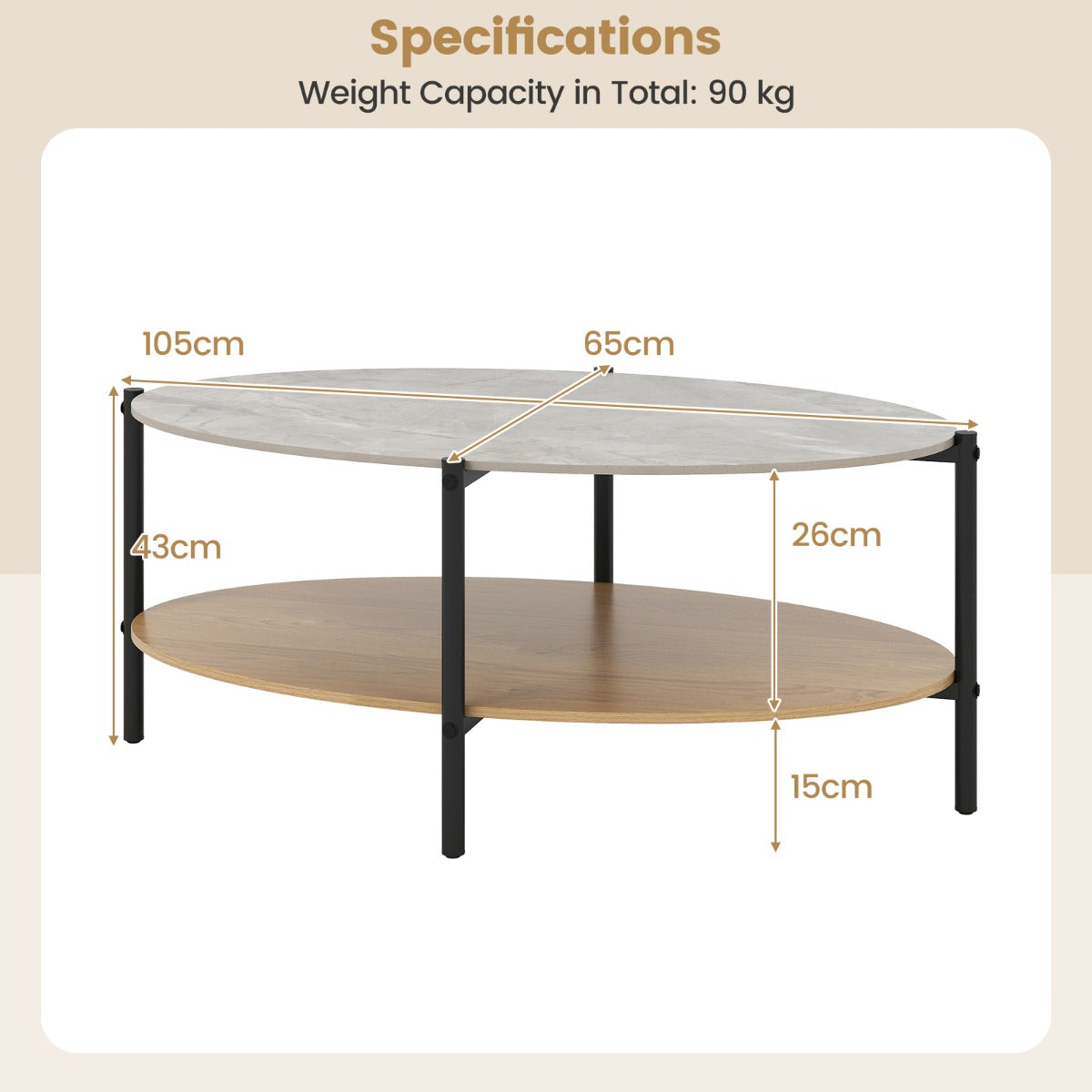 LIVSK Elegante Ovale Bijzettafel - Natuurstenen Blad - Metalen Frame - Twee Niveaus - 105 x 65 x 43 cm - Natuurlijk/Zwart/Grijs