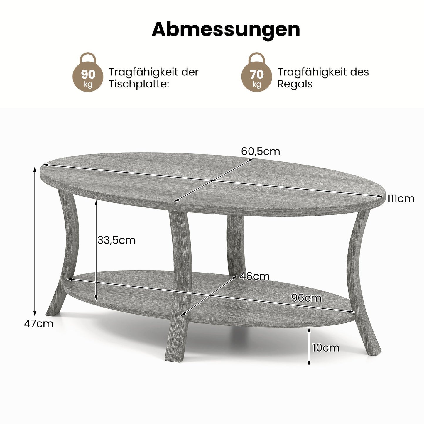 LIVSK Ovale Salontafel met Opbergruimte - 2-laags - Rubberhout - Draagkracht 160 kg - Tijdloos Design - Grijs