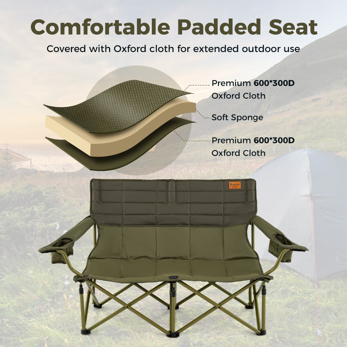 LIVSK Campingstoel voor 2 Personen - Opvouwbaar - Verstelbare Armleuningen - Draagvermogen 272 kg - 105 x 48 cm - Groen