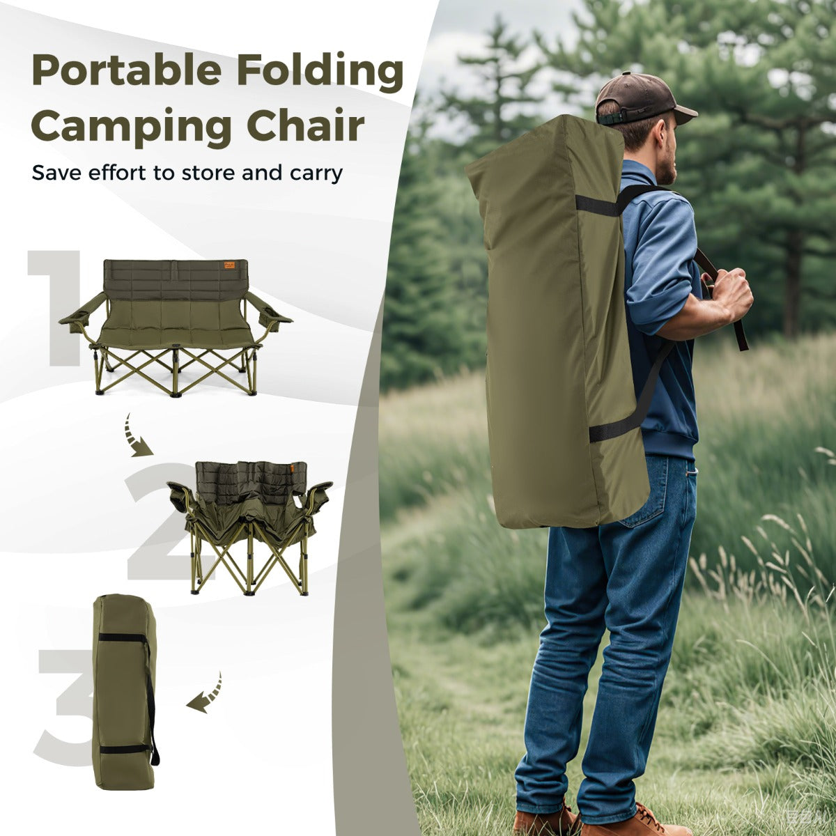 LIVSK Campingstoel voor 2 Personen - Opvouwbaar - Verstelbare Armleuningen - Draagvermogen 272 kg - 105 x 48 cm - Groen