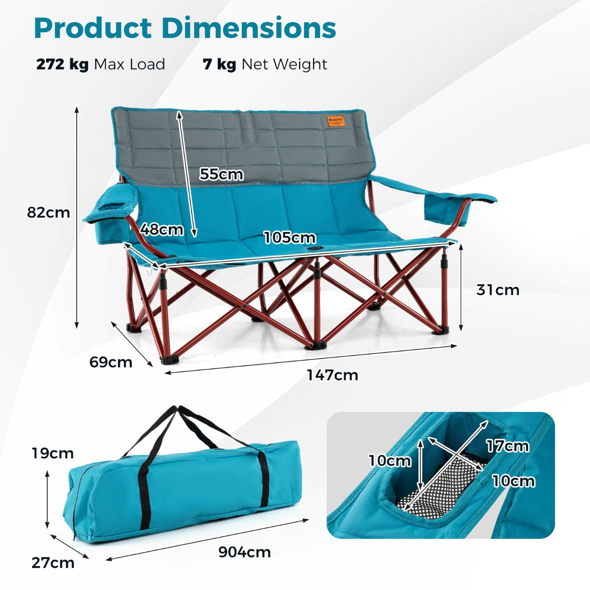 LIVSK Campingstoel voor 2 Personen - Extra Grote Zitting 105 x 48 cm - Opvouwbaar met Draagtas - Tot 272 kg - Marineblauw