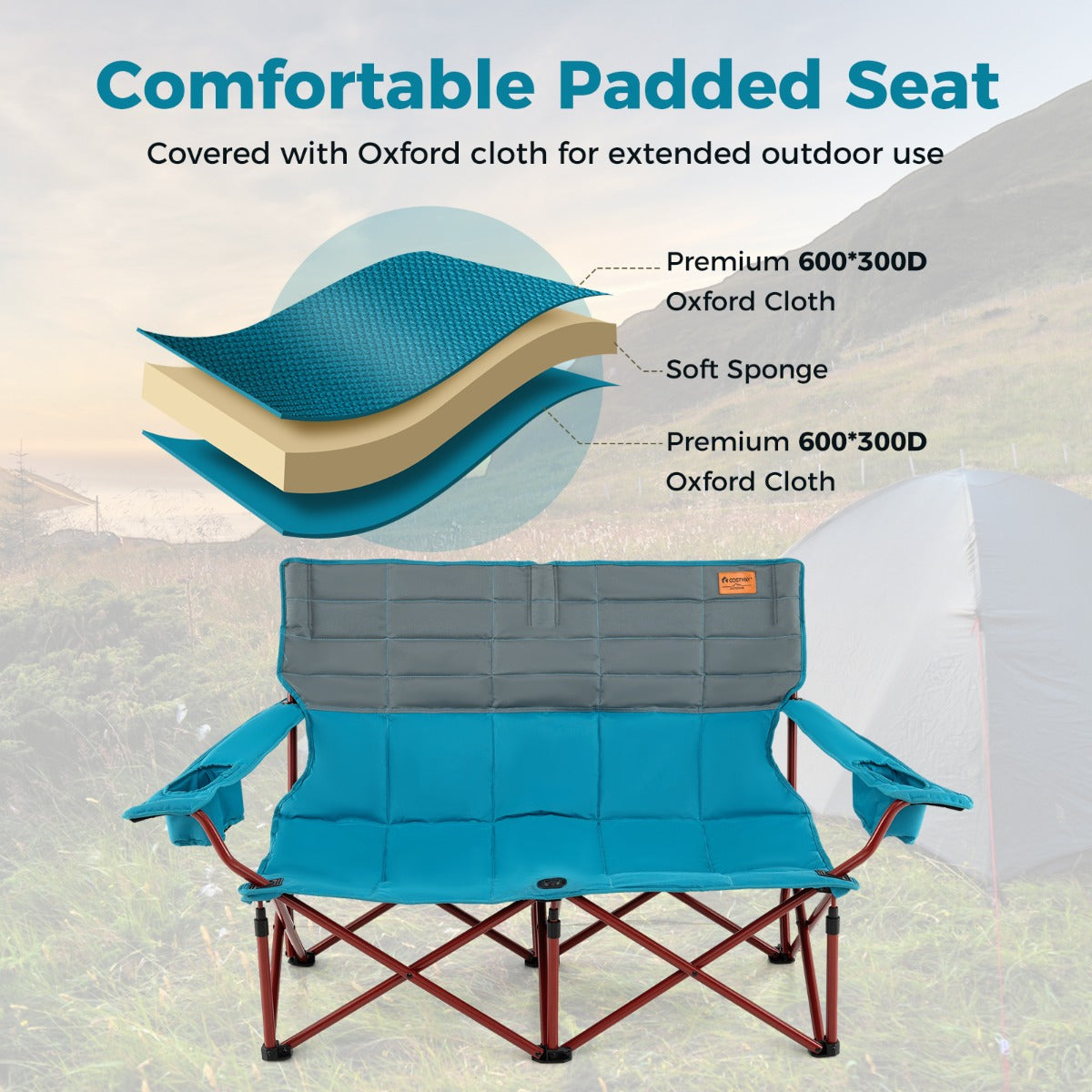 LIVSK Campingstoel voor 2 Personen - Extra Grote Zitting 105 x 48 cm - Opvouwbaar met Draagtas - Tot 272 kg - Marineblauw