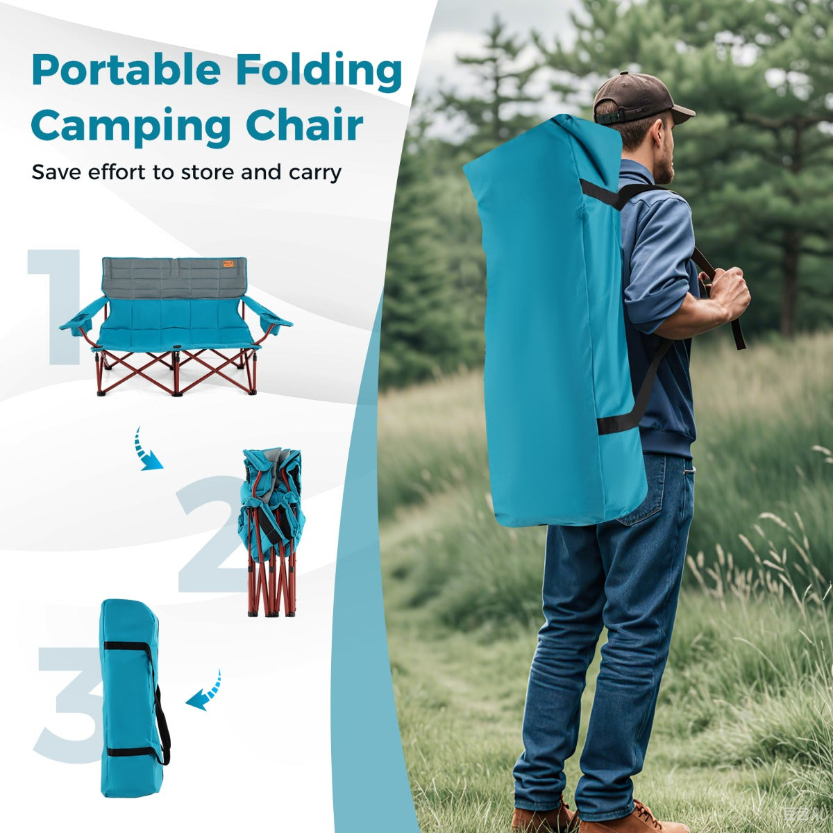 LIVSK Campingstoel voor 2 Personen - Extra Grote Zitting 105 x 48 cm - Opvouwbaar met Draagtas - Tot 272 kg - Marineblauw