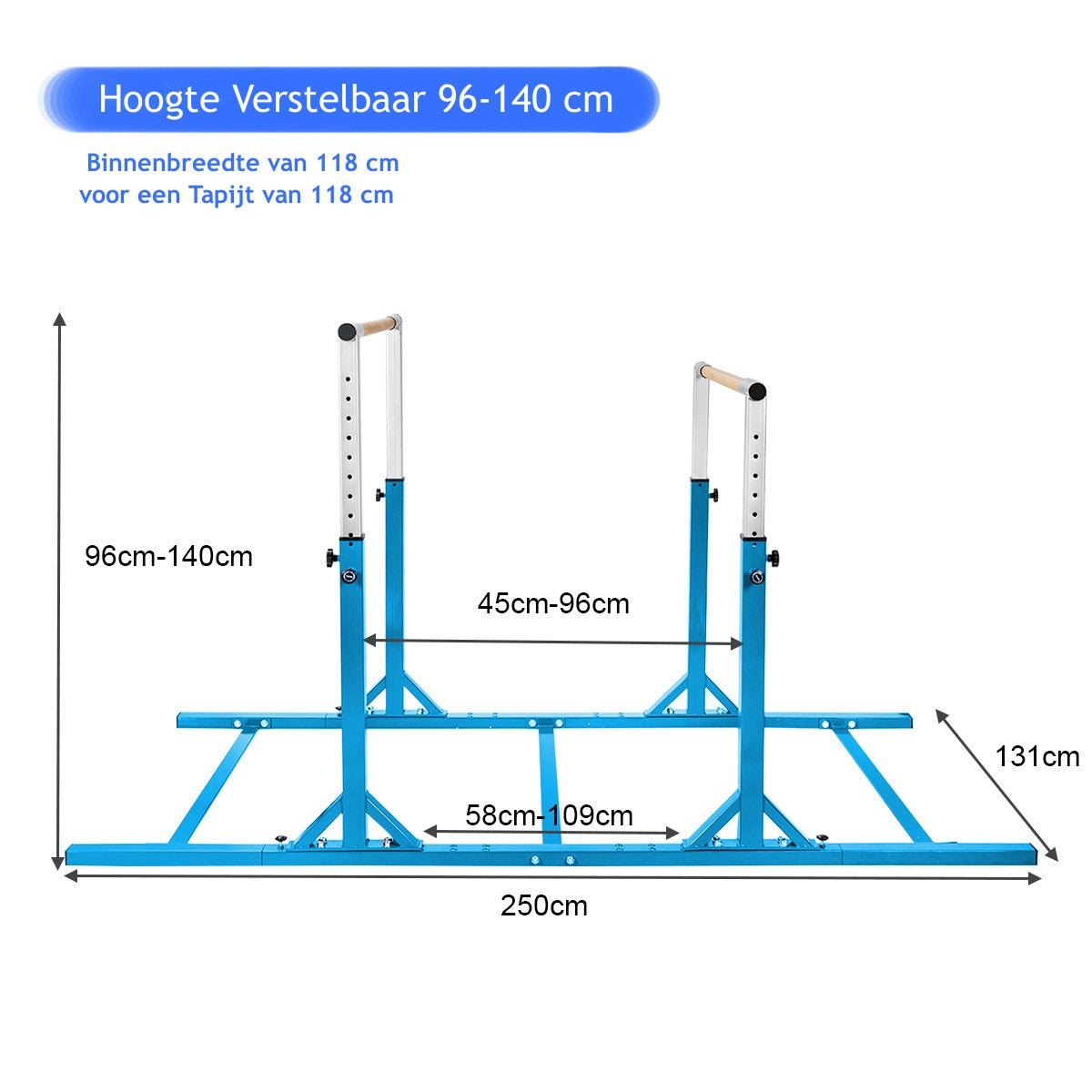 LIVSK Parallelle Gymnastiekstang - Verstelbaar van 96 tot 140 cm - Dubbele Vergrendeling - Voor Kinderen 6-12 jaar - Blauw