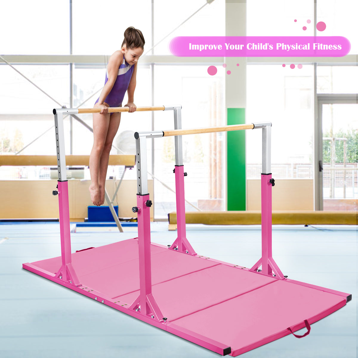 LIVSK Parallelle Gymnastiekstang - Verstelbaar van 96 tot 140 cm - Dubbele Vergrendeling - Tot 100 kg - Voor Kinderen 6-12 - Roze