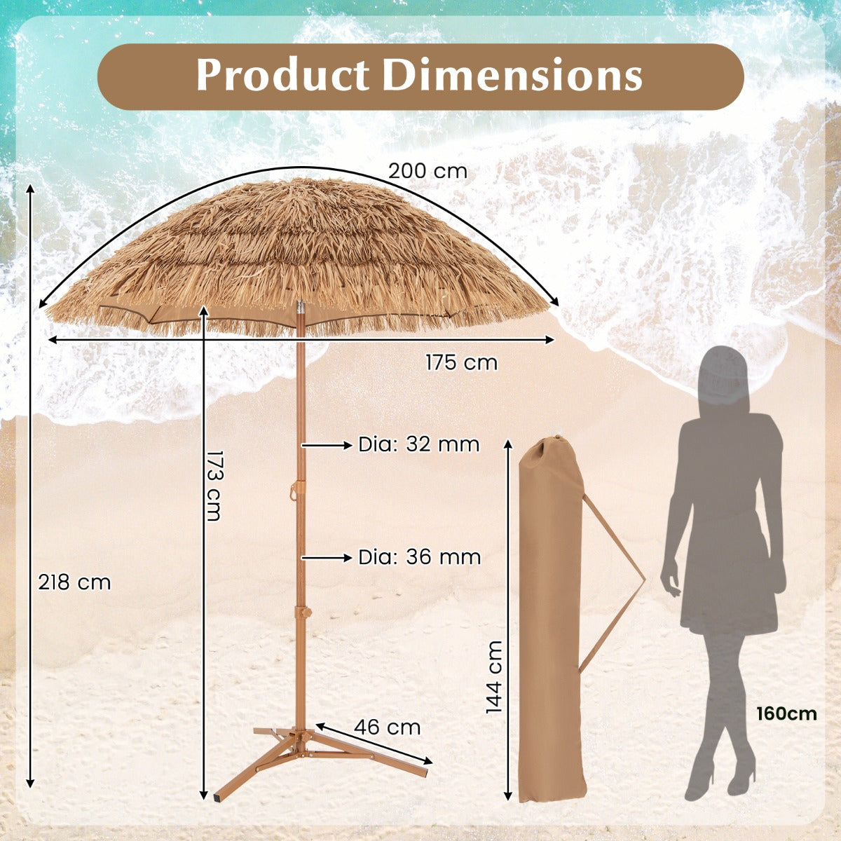 LIVSK Rieten Parasol - Hawaïaanse stijl - Kantelbaar - Opvouwbaar met Draagtas - 200 x 218 cm - Natuurlijk