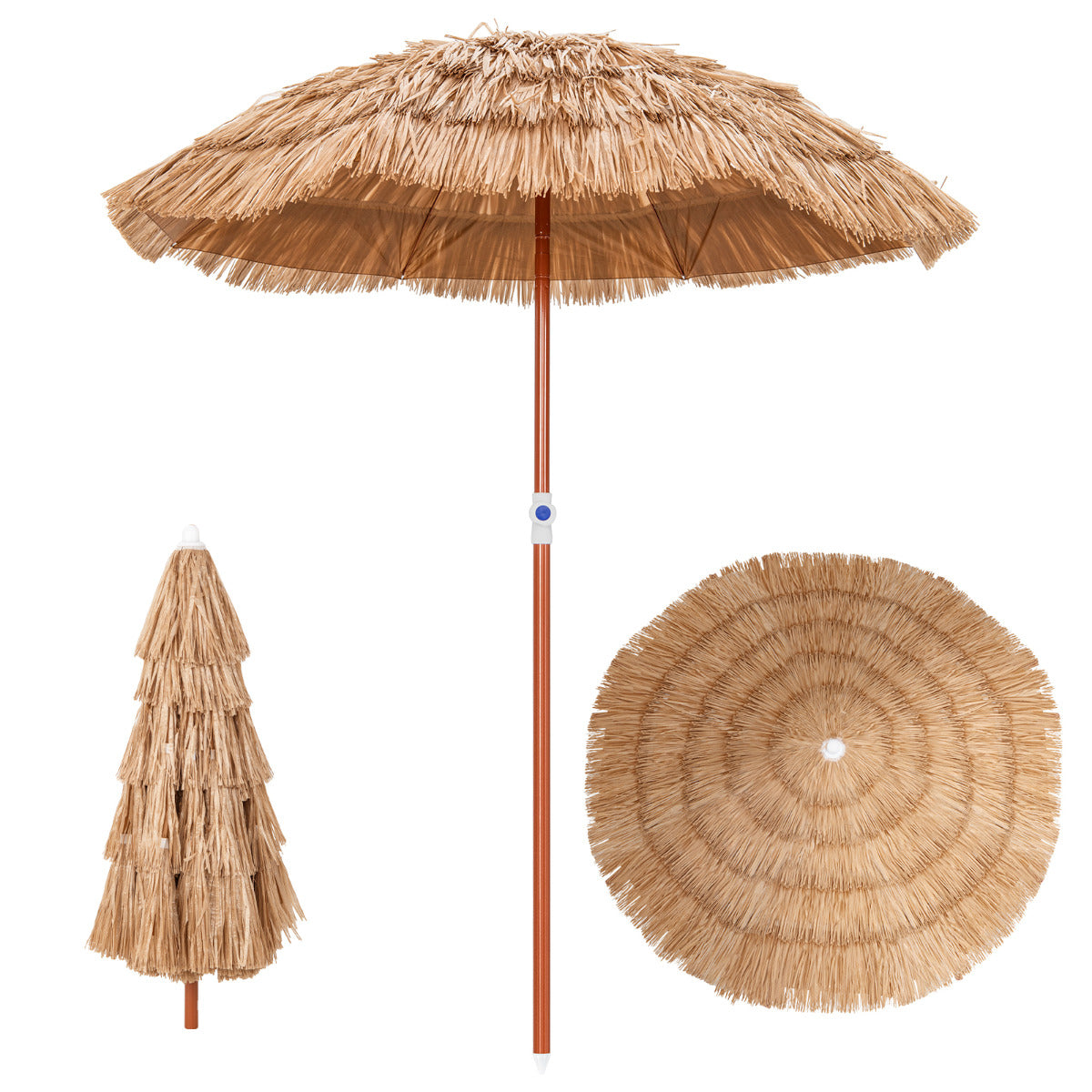 LIVSK Hawaïaanse Strandparasol - Verstelbaar en Kantelbaar - Draagtas - Duurzaam Polyester - 155 x 194 cm - Natuurlijk Strodak