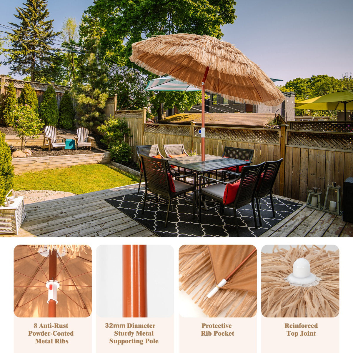 LIVSK Hawaïaanse Strandparasol - Verstelbaar en Kantelbaar - Draagtas - Duurzaam Polyester - 155 x 194 cm - Natuurlijk Strodak