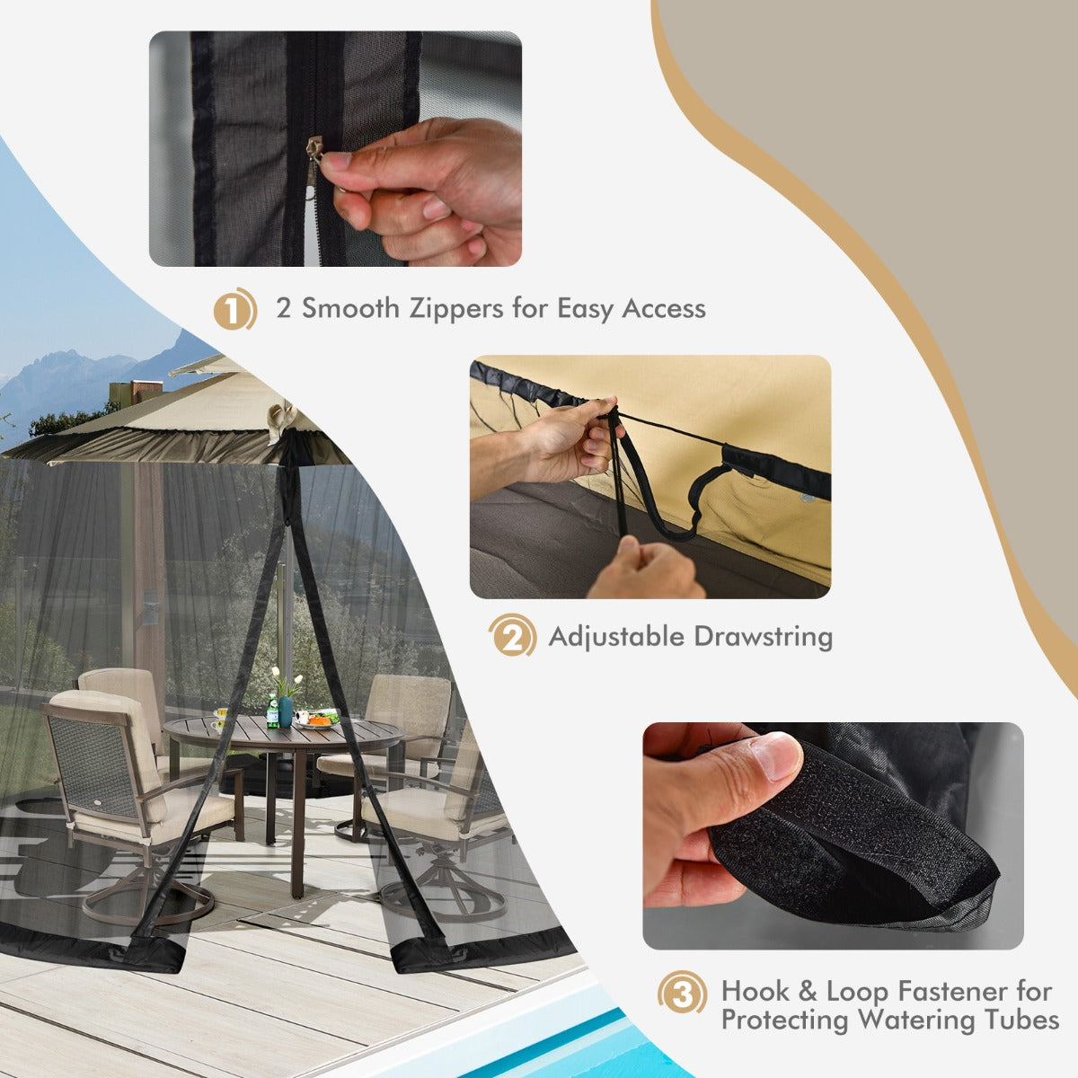 LIVSK Parasol Klamboe met 2 Deuren en Dubbele Rits - Verstelbaar voor 2,5-3 m Parasol - Duurzaam Polyester Gaas - Zwart