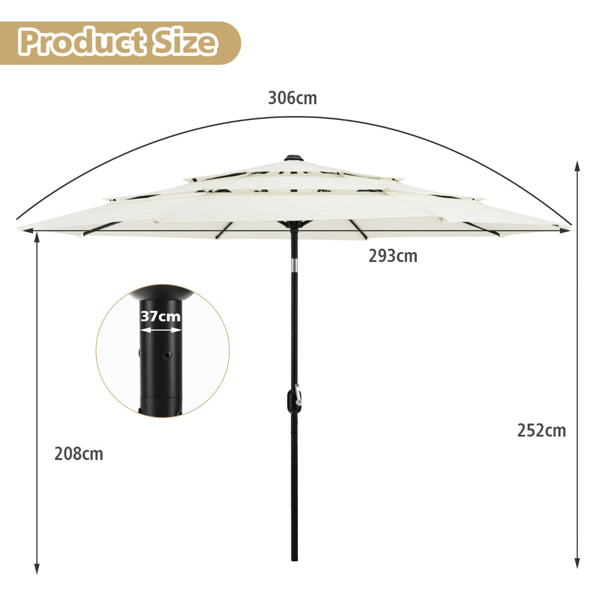 LIVSK 3-traps Parasol - Knikbaar met Drukknop - UV-Bescherming - Duurzaam Polyester - Eenvoudige Montage - Beige
