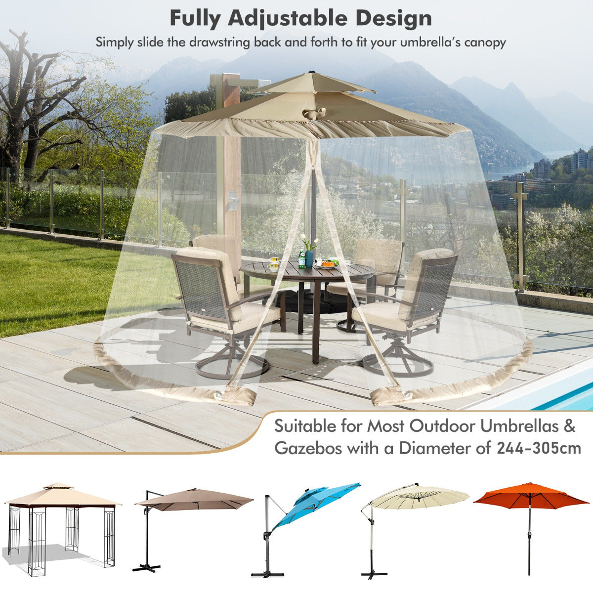 LIVSK Parasol Muggennet - Duurzaam Polyester Gaas - Verstelbaar voor 2,5-3 m Parasol - Dubbele Ritsdeuren - Beige